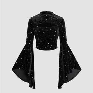 Black Velvet Embroidered Bell-Sleeve Crop Top